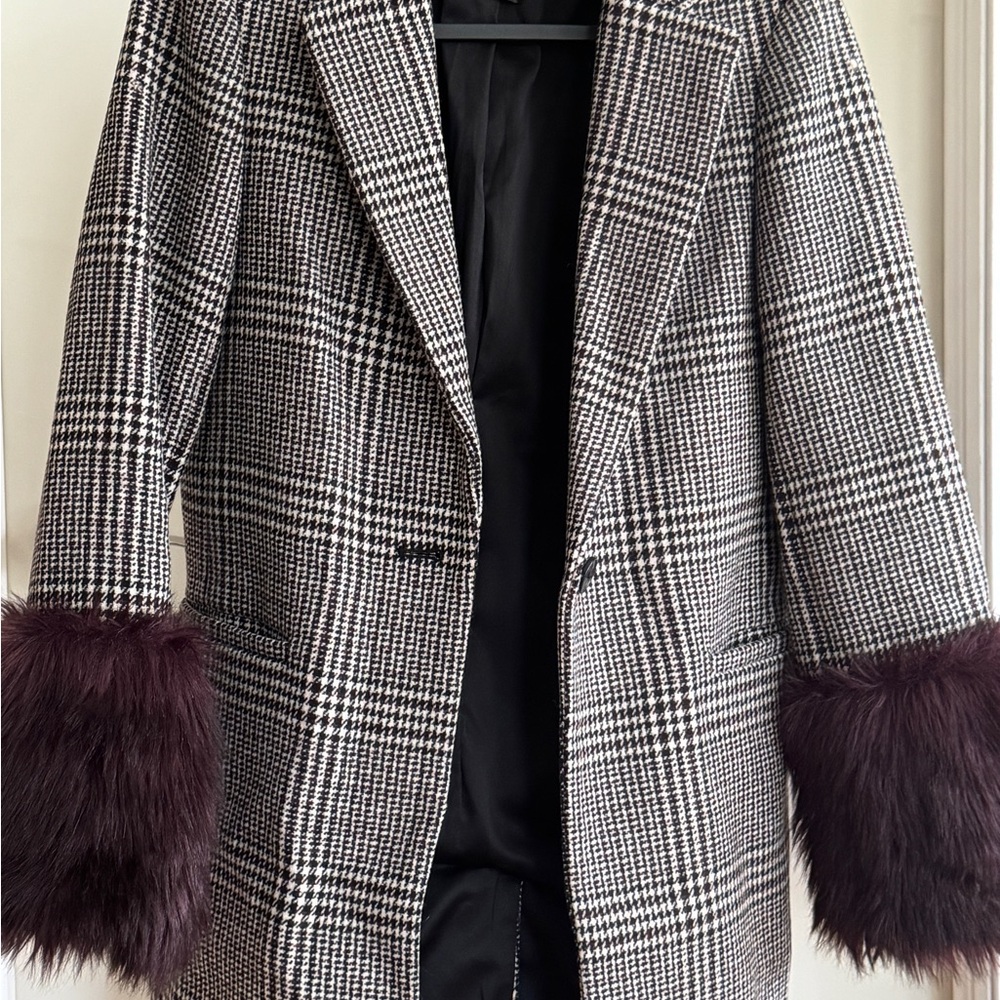 Plaid Women's Coat with Faux Fur Cuffs